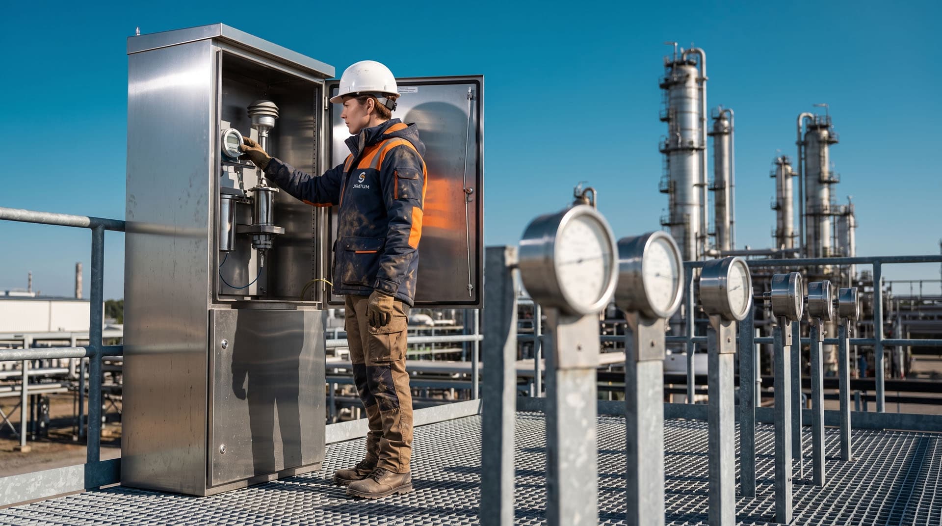 Technician servicing an air quality monitoring cabinet at an industrial plant