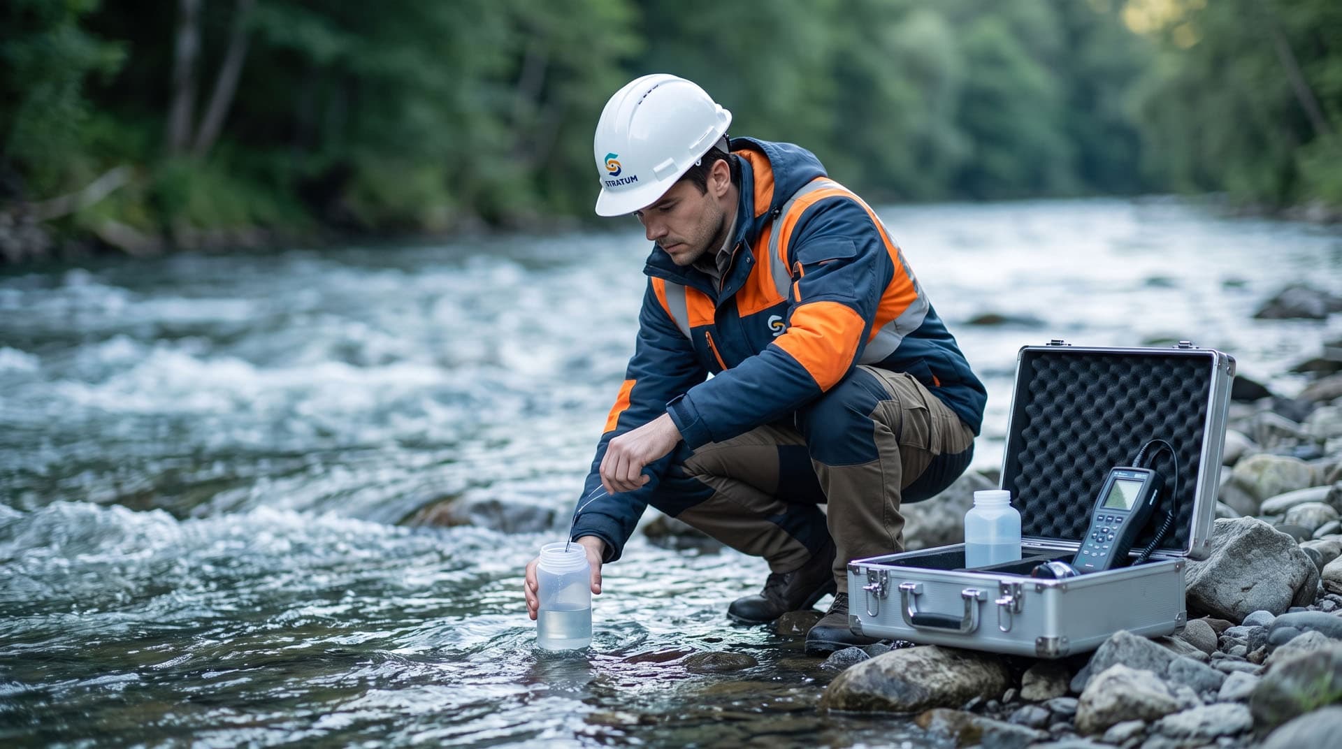 Environmental scientist collecting a water sample from a river