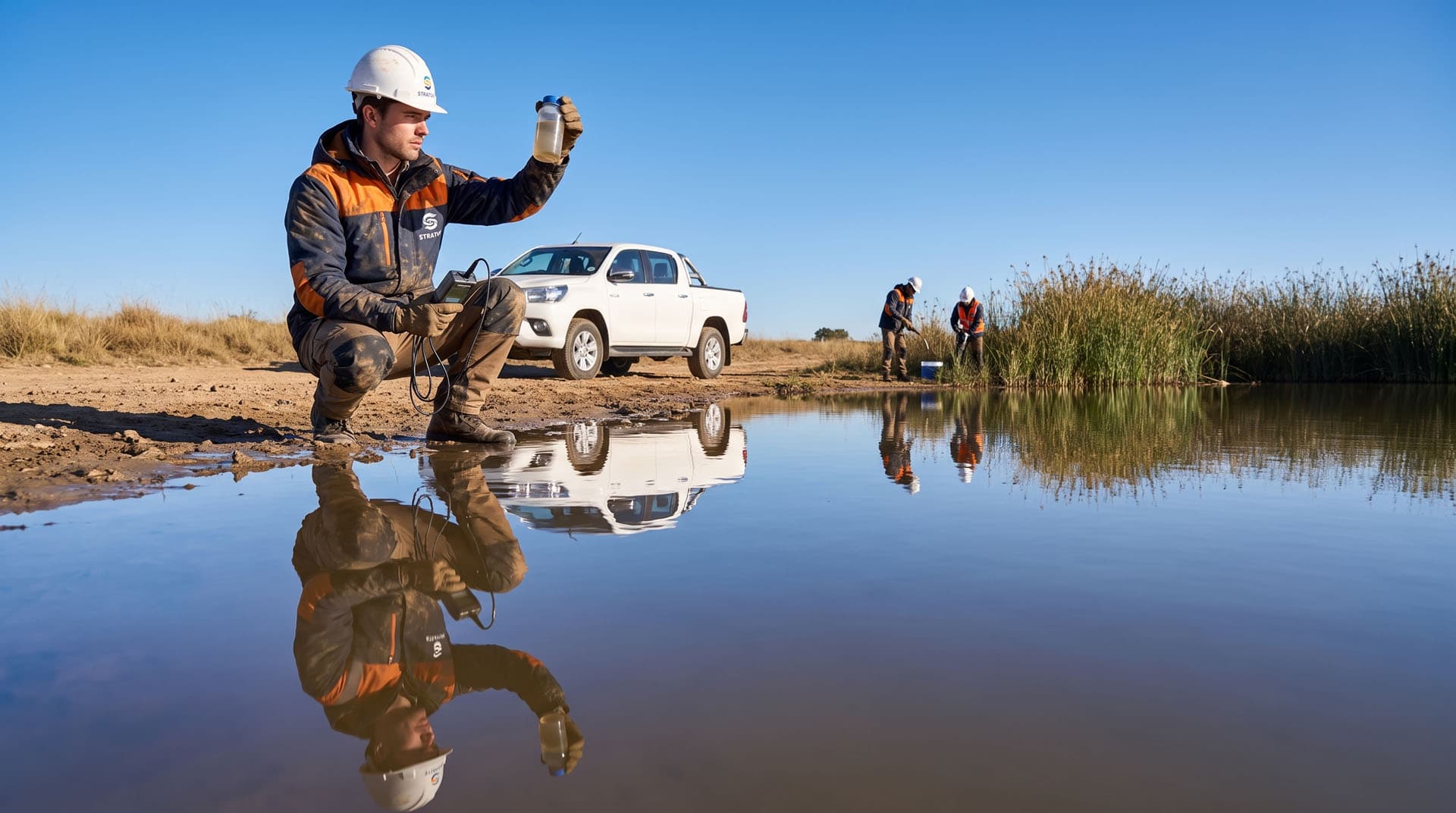 Field team collecting water samples at a monitoring point, with a support vehicle on the bank