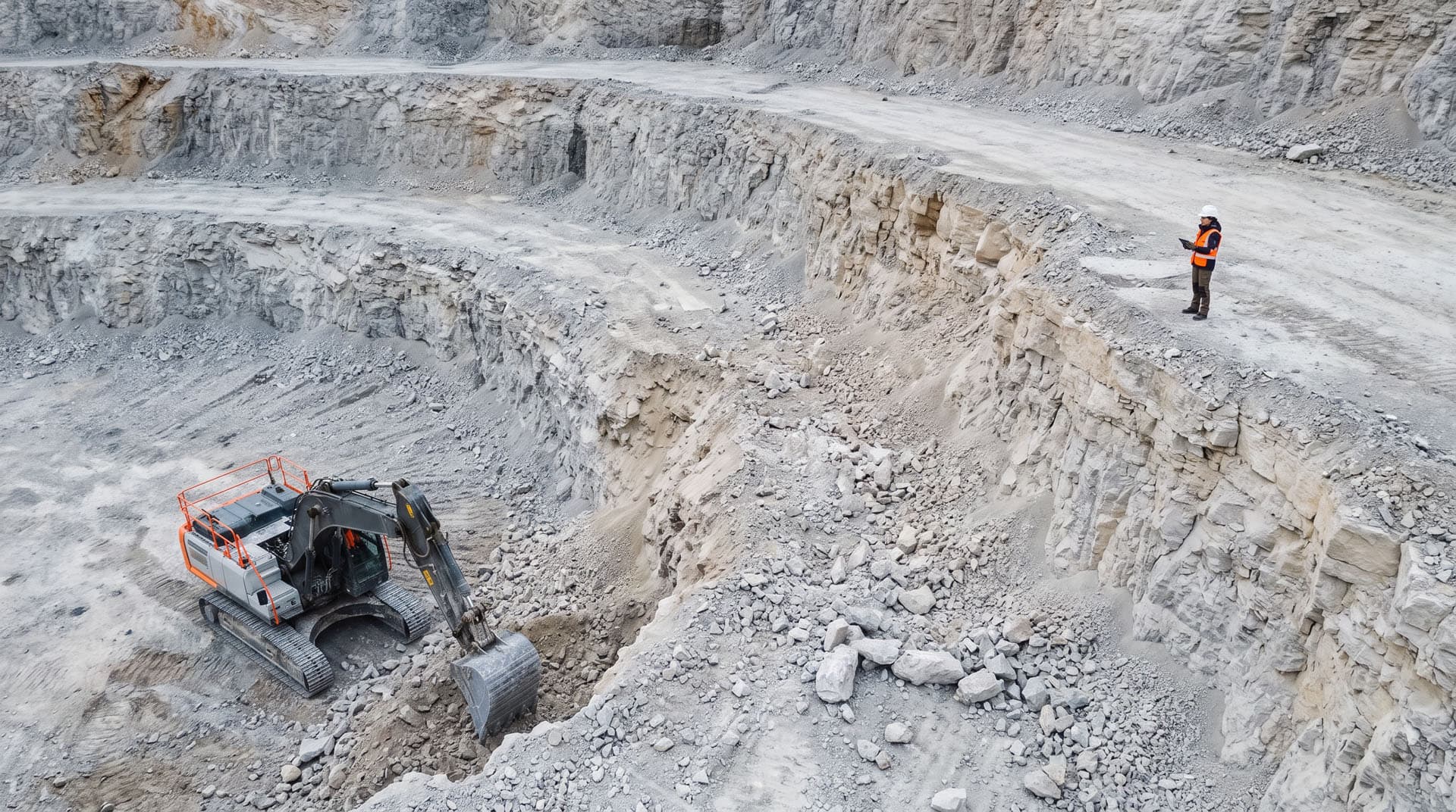 Excavated quarry face exposing dolomitic ground during risk assessment