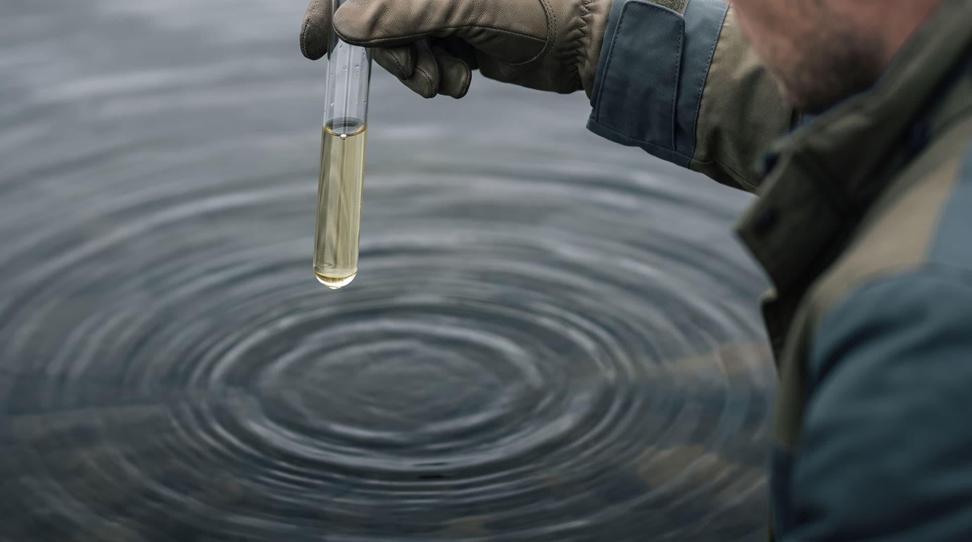 Water sample in a test tube held above a still water surface